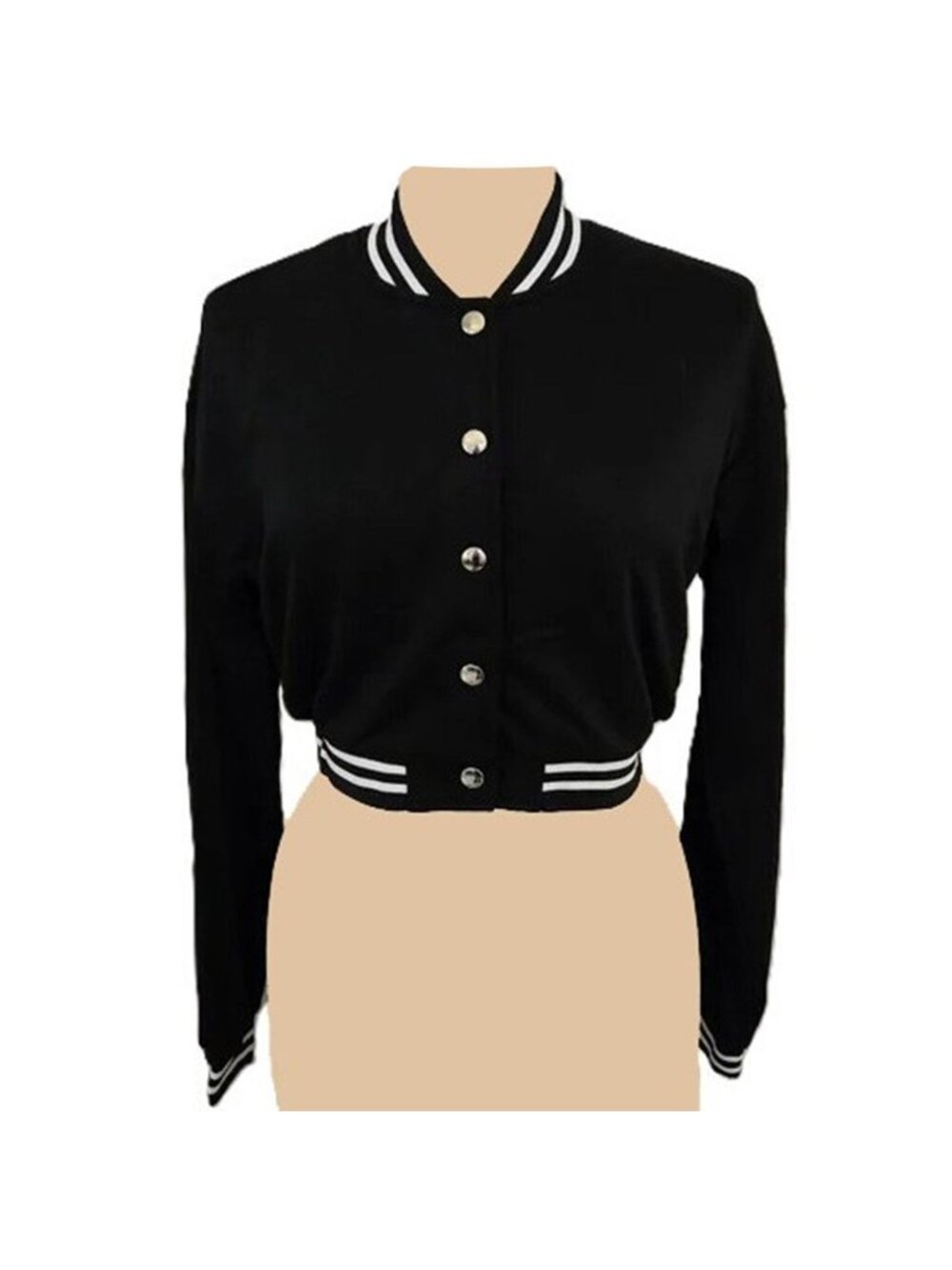 Halara Black LS Button-Up Cropped Bomber Varsity Jacket Striped Ribbed Trim Smal